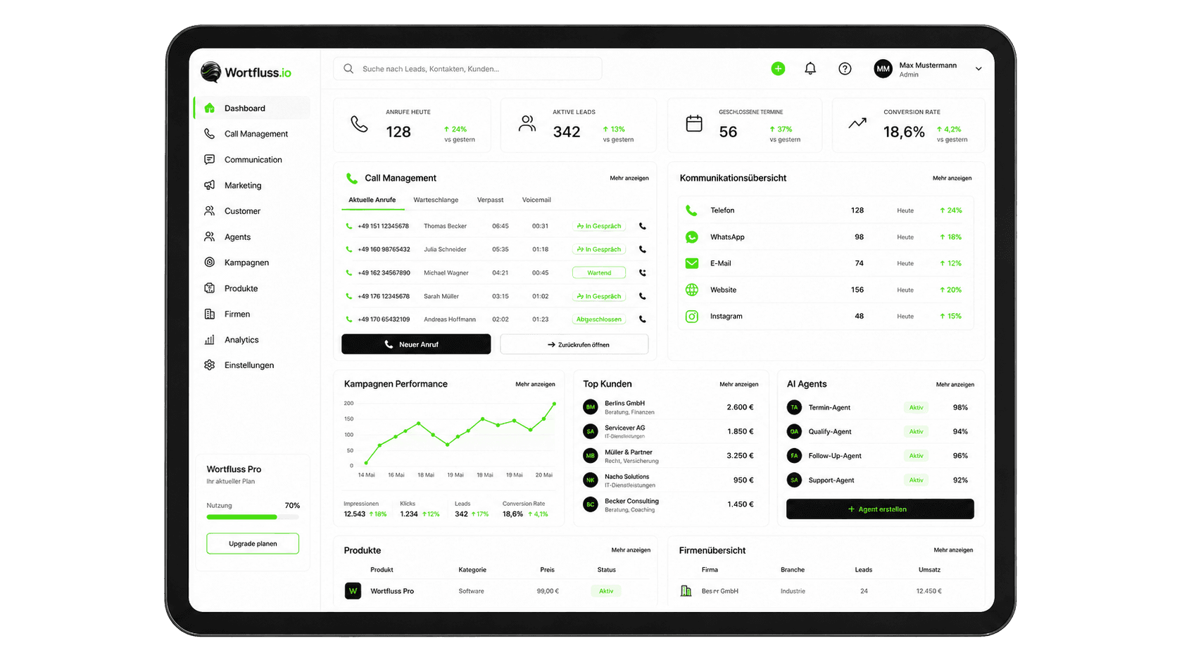 Das Wortfluss-Dashboard auf einem Tablet: Call Management, Kampagnen-Performance, AI Agents und Kommunikationsübersicht