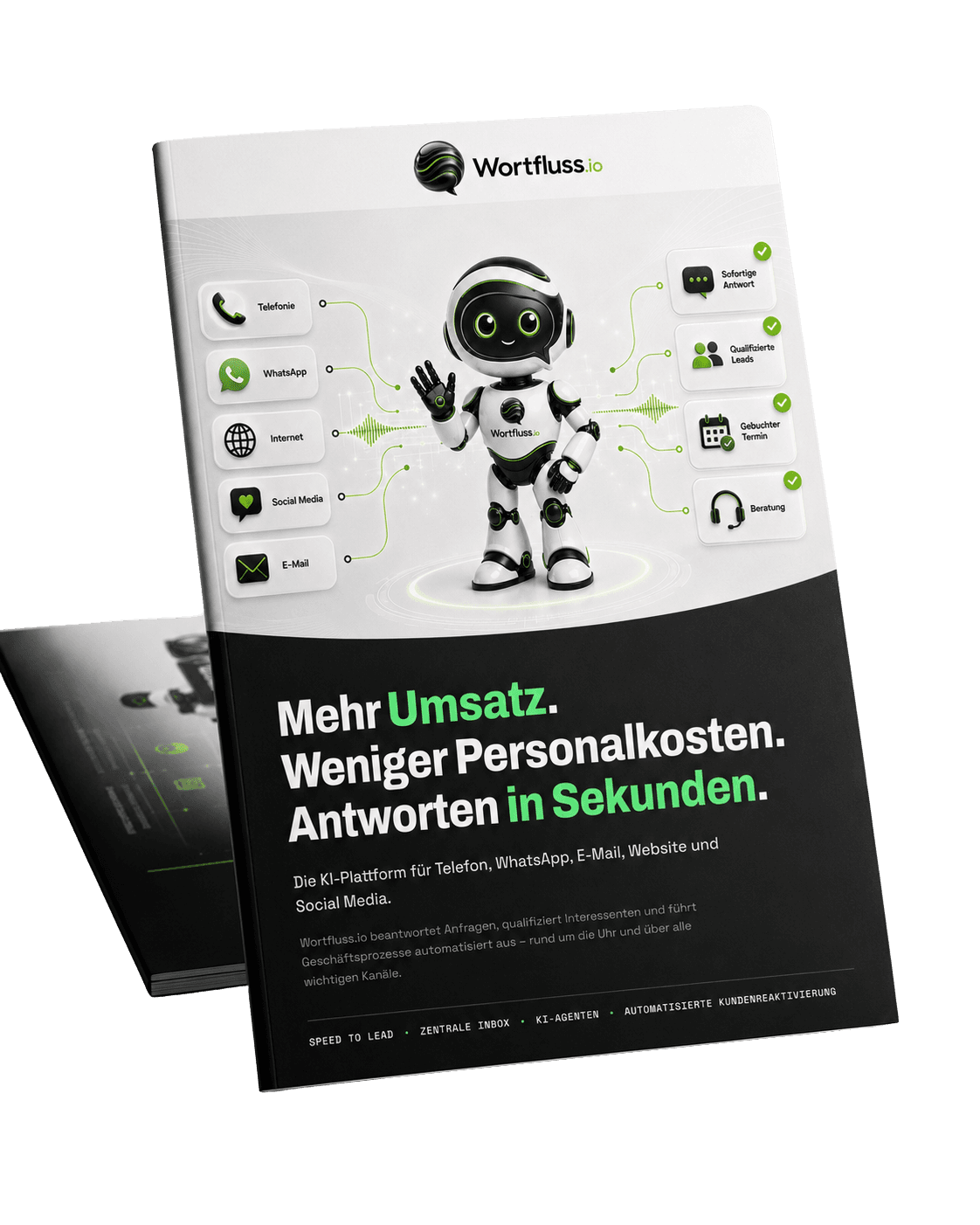 Wortfluss Broschüre mit Übersicht der KI-Plattform, Kanäle und Automatisierungsmöglichkeiten.